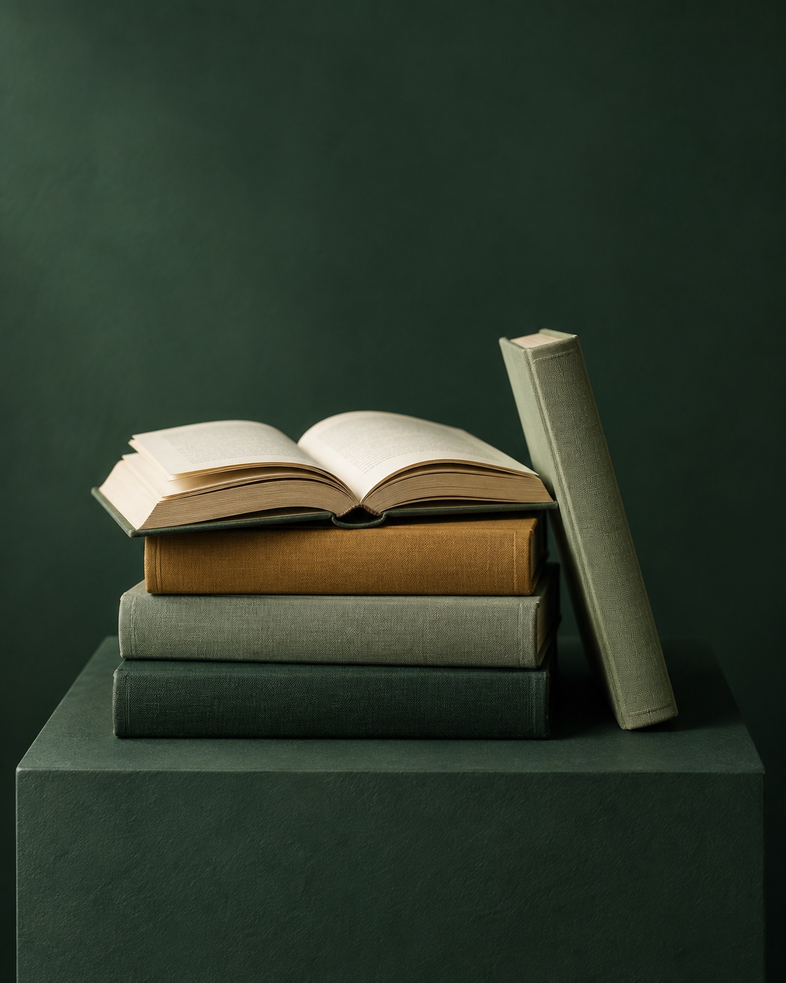 An open book resting on a stack of clothbound books in soft light.